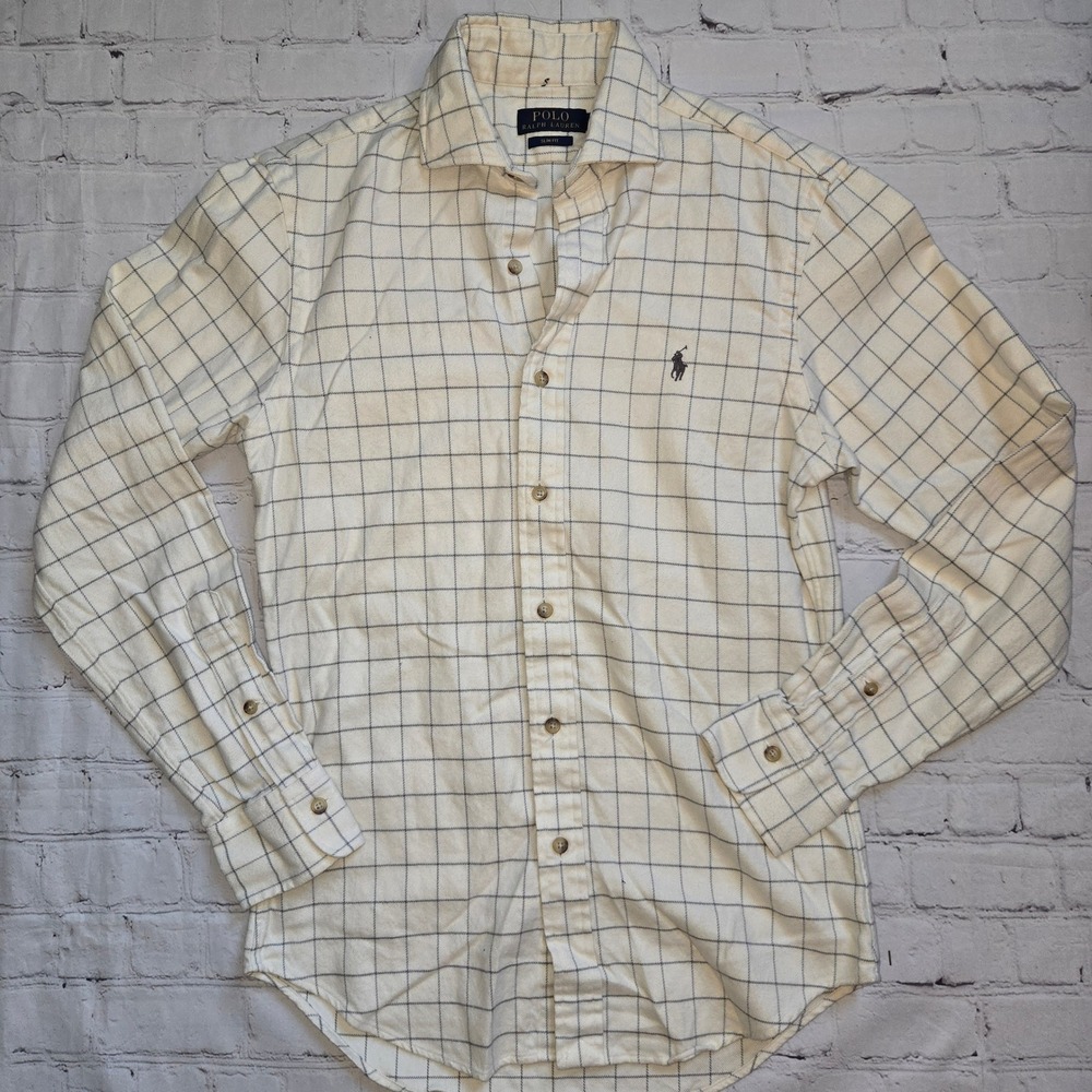 Polo Ralph Lauren Slim Fit Flannel Shirt Mens Small Cream Navy Windowpane Check